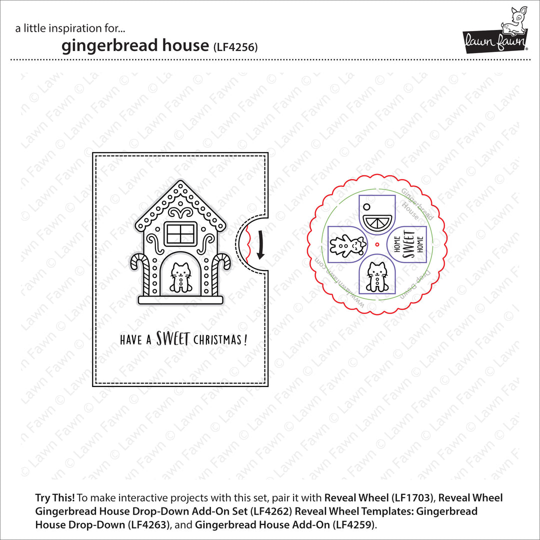 Lawn Fawn Gingerbread House inspiration showing the interactive Reveal Wheel card and wheel layout