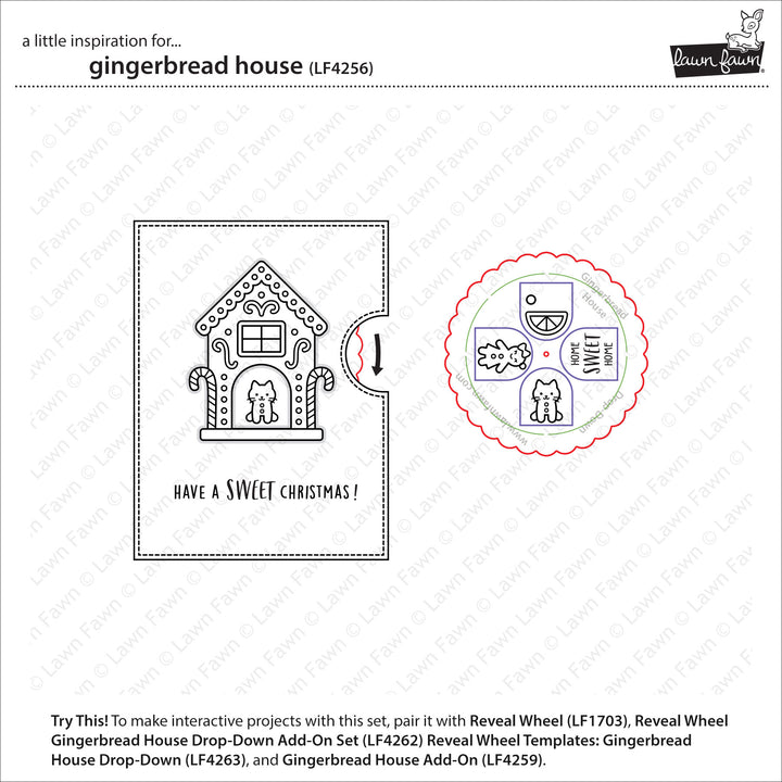 Lawn Fawn Gingerbread House inspiration showing the interactive Reveal Wheel card and wheel layout