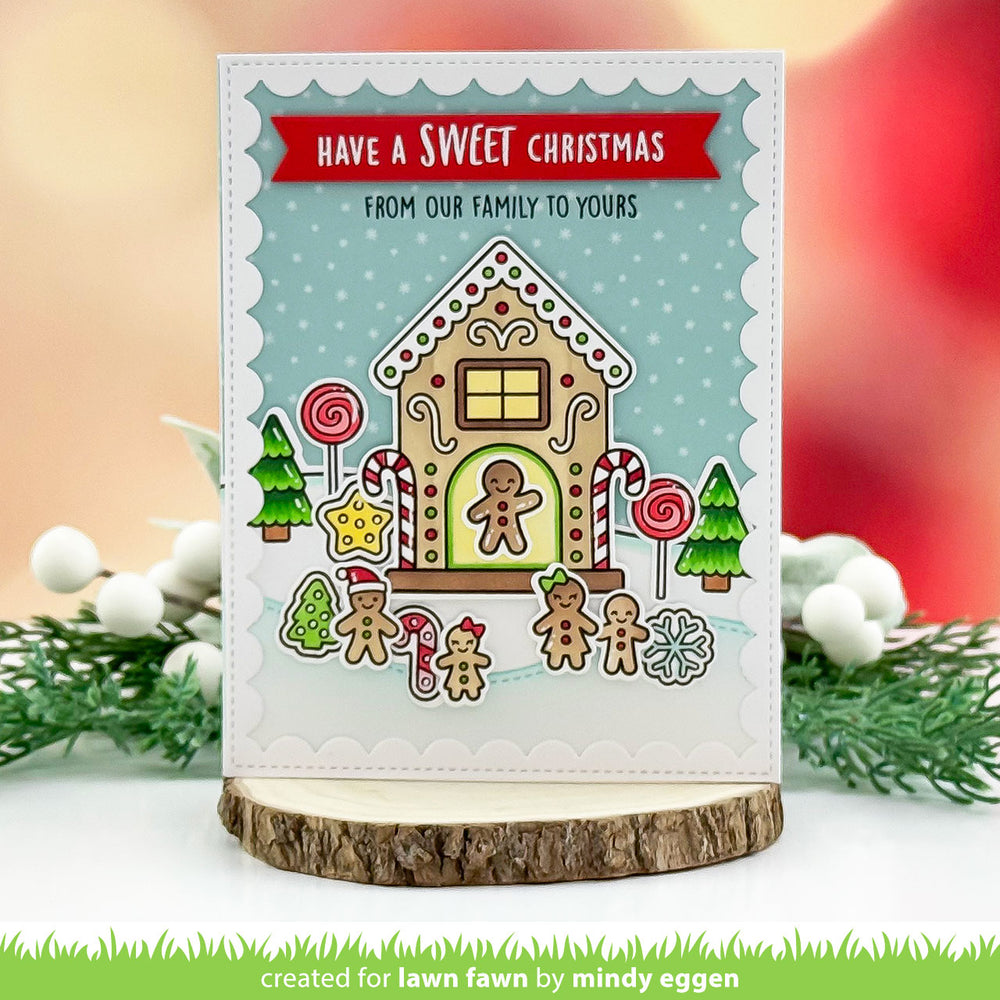 Lawn Fawn Gingerbread House Have A Sweet Christmas card with gingerbread family and candy canes, by Mindy Eggen