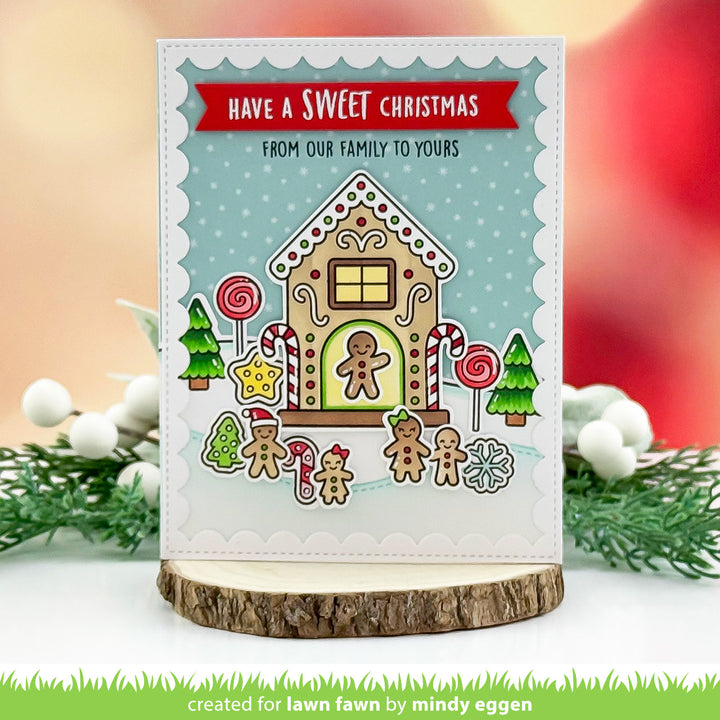 Lawn Fawn Gingerbread House Have A Sweet Christmas card with gingerbread family and candy canes, by Mindy Eggen