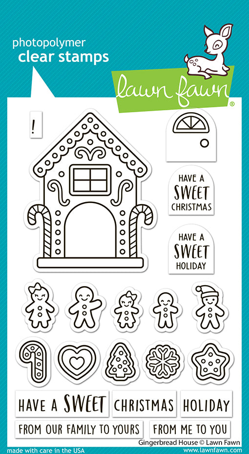 Lawn Fawn Gingerbread House clear stamp set in packaging with a gingerbread house, gingerbread family and decorated cookies
