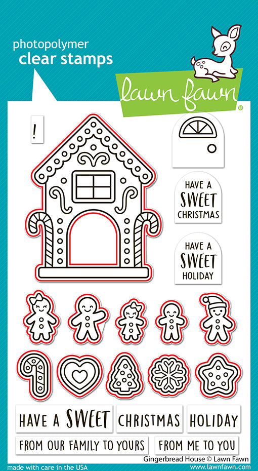 Lawn Fawn Gingerbread House Lawn Cuts dies shown over the matching stamp images