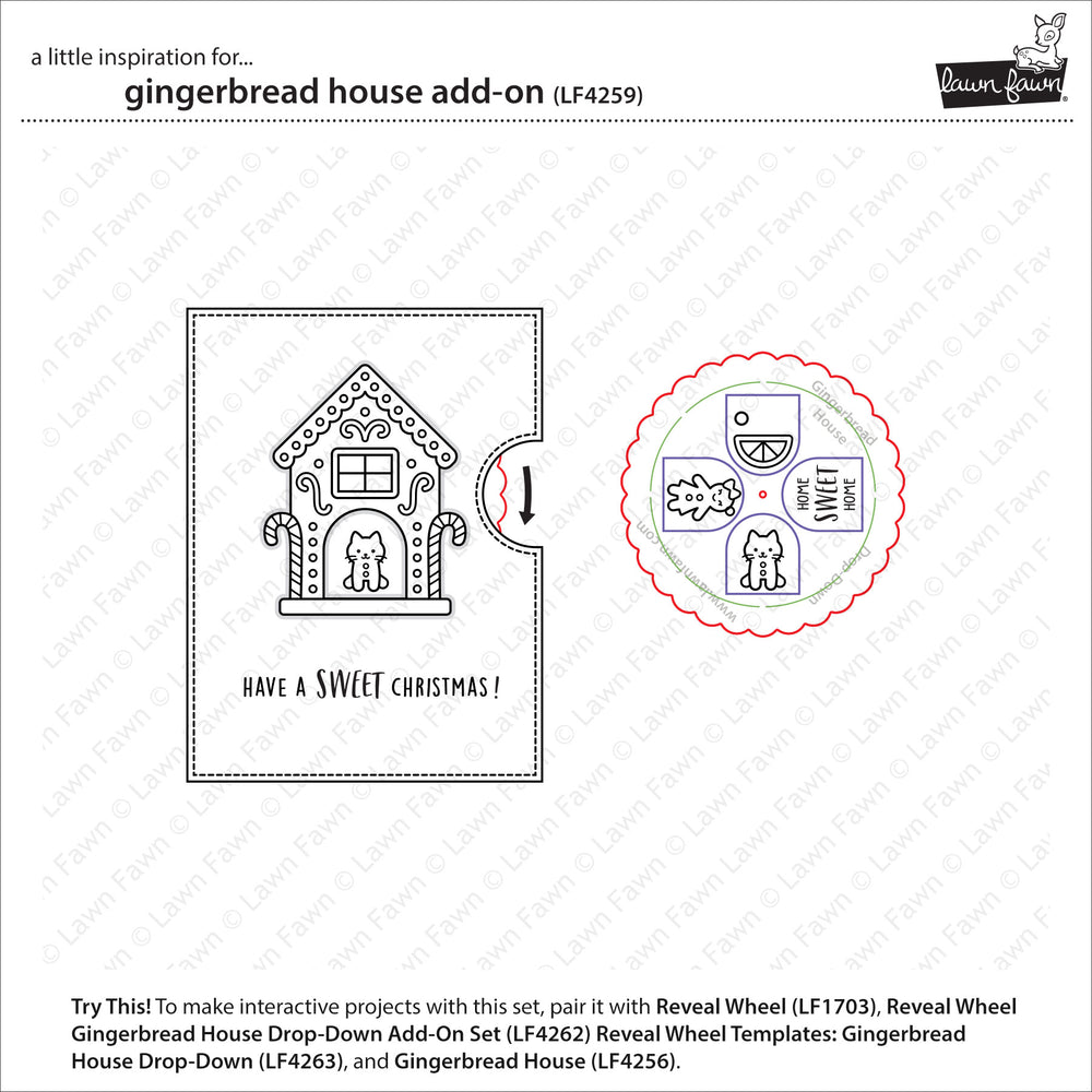 Lawn Fawn Gingerbread House Add-On inspiration showing a Reveal Wheel gingerbread house card