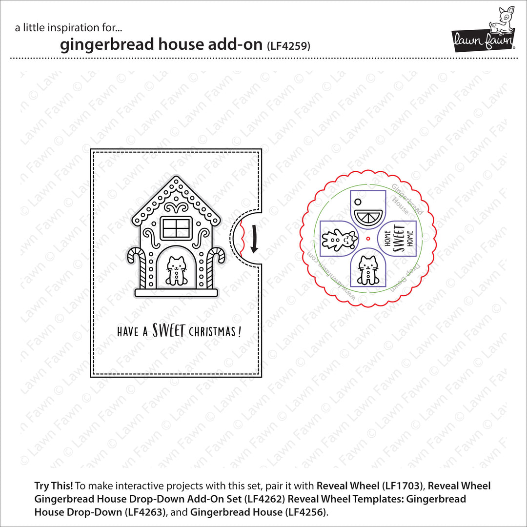 Lawn Fawn Gingerbread House Add-On inspiration showing a Reveal Wheel gingerbread house card