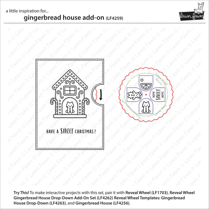 Lawn Fawn Gingerbread House Add-On inspiration showing a Reveal Wheel gingerbread house card