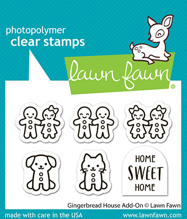 Lawn Fawn Gingerbread House Add-On stamp set in packaging with gingerbread people, puppy, kitten and Home Sweet Home sentiment