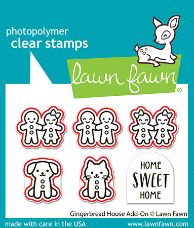 Lawn Fawn Gingerbread House Add-On Lawn Cuts dies shown over the matching stamp images