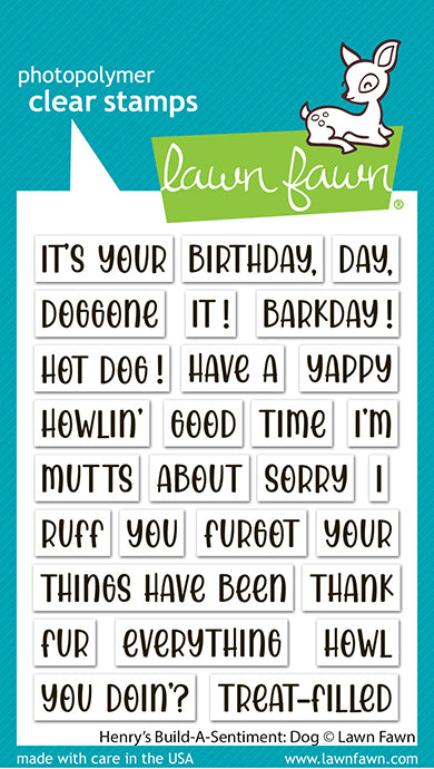 Lawn Fawn Henry's Build-A-Sentiment: Dog stamp set in packaging with dog pun sentiments