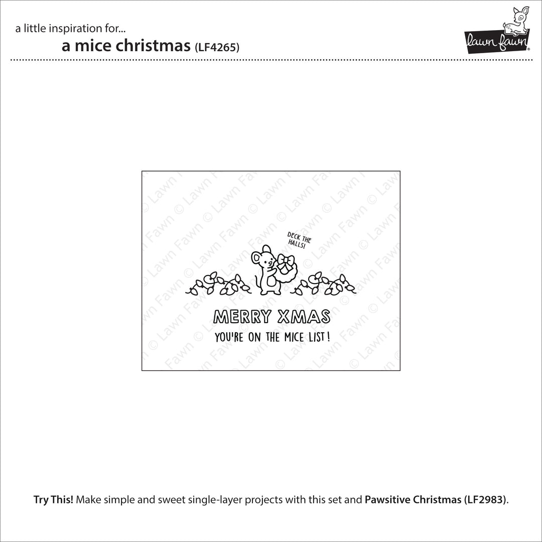 Lawn Fawn A Mice Christmas inspiration showing a simple Merry Xmas card with mice and lights