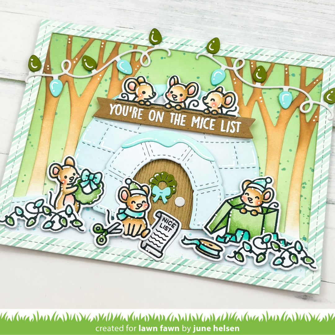 Lawn Fawn A Mice Christmas card with mice stringing Christmas lights around an igloo, by June Helsen