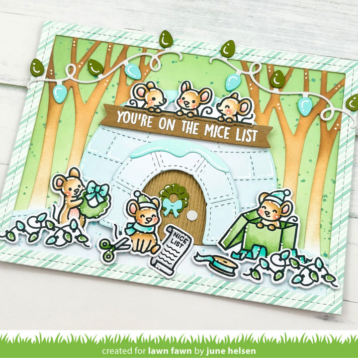 Lawn Fawn A Mice Christmas card with mice stringing Christmas lights around an igloo, by June Helsen
