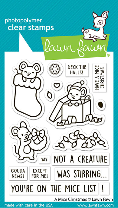 Lawn Fawn A Mice Christmas clear stamp set in packaging with mice, a stocking, gifts and Christmas lights