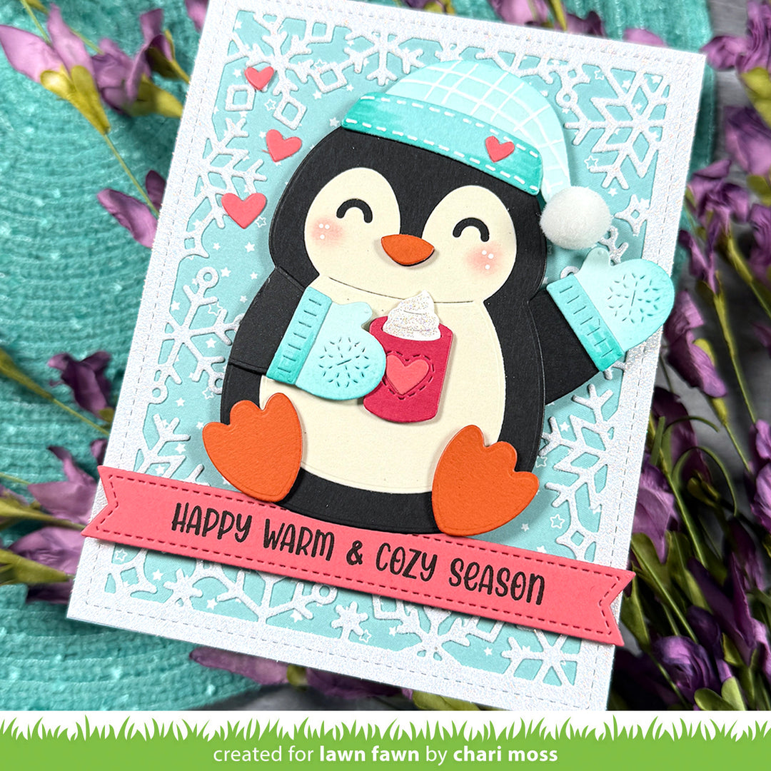 Lawn Fawn Big Hugs Penguin card with a penguin in a knitted beanie holding cocoa, by Chari Moss