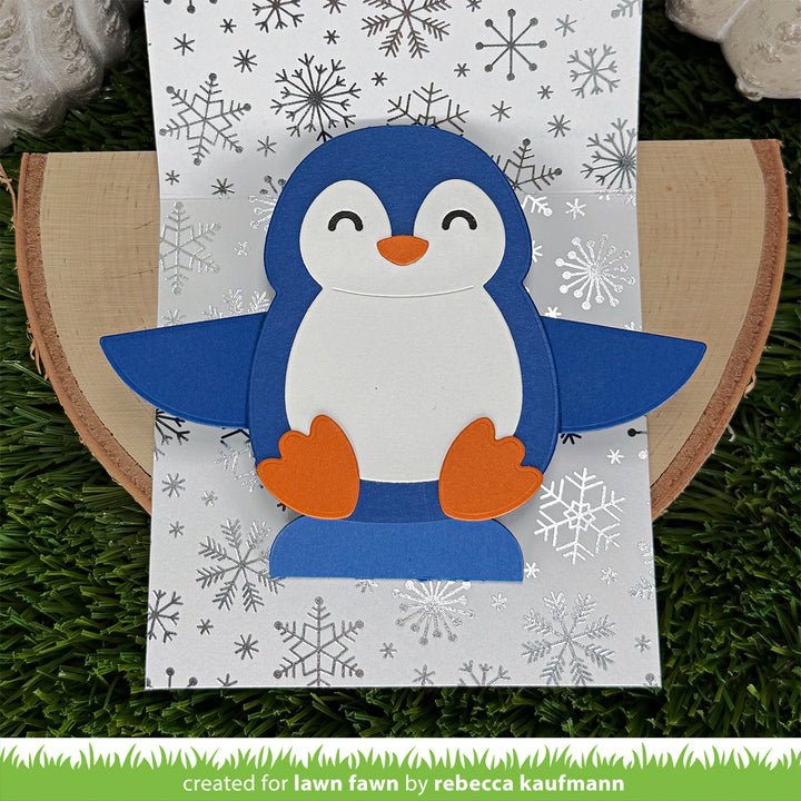 Lawn Fawn Big Hugs Penguin pop-up card with the penguin's arms open wide for a hug, by Rebecca Kaufmann