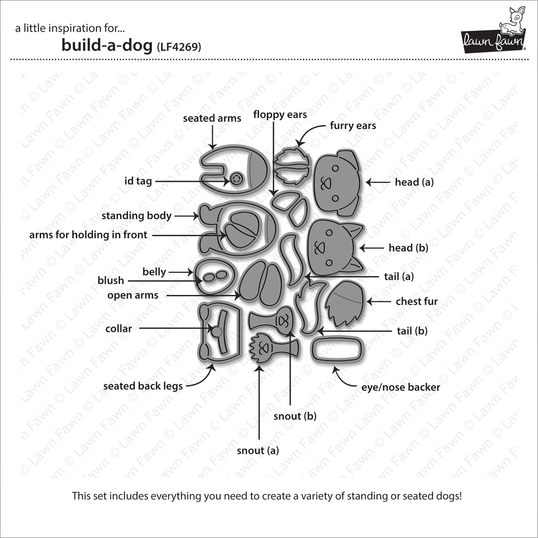 Lawn Fawn Build-A-Dog die pieces labelled to build a standing or seated dog