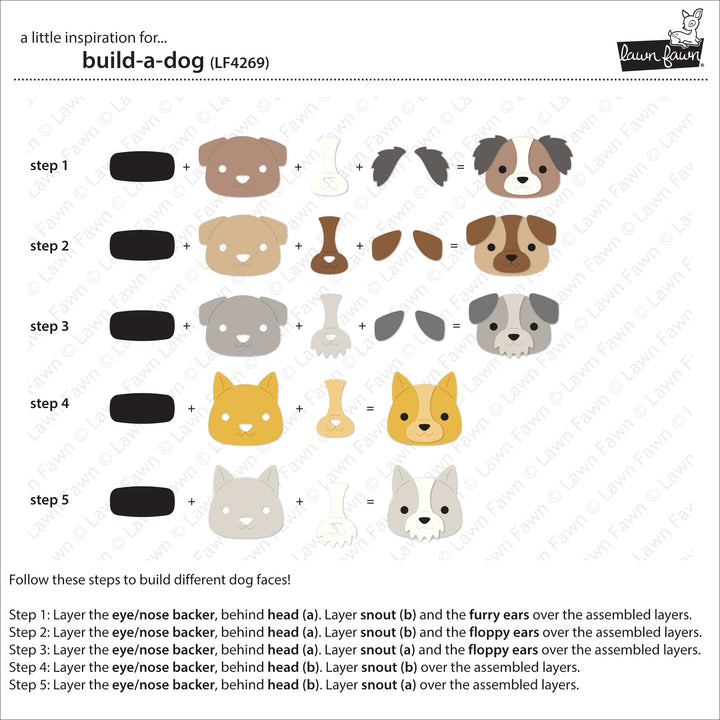Lawn Fawn Build-A-Dog step by step guide to building different dog faces