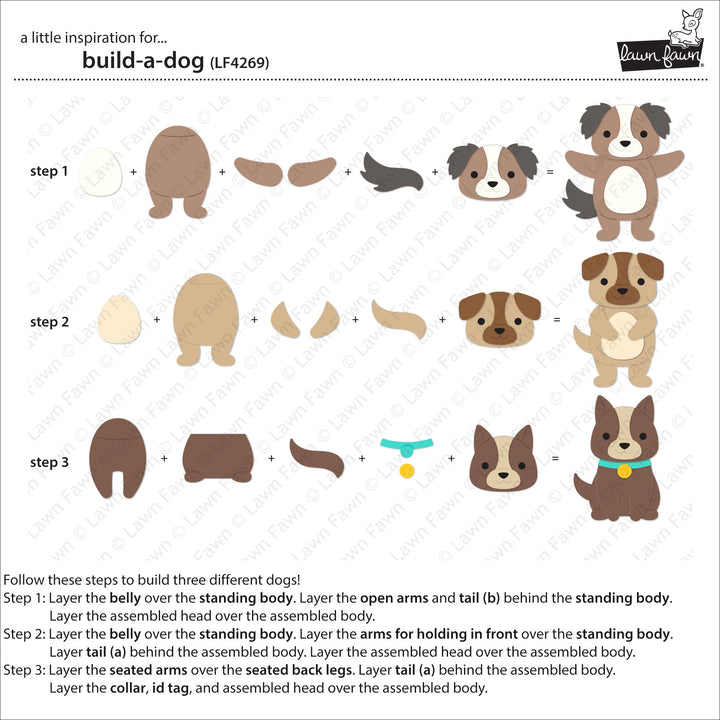 Lawn Fawn Build-A-Dog step by step guide to assembling three standing and seated dogs