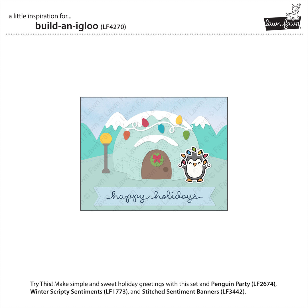 Lawn Fawn Build-An-Igloo inspiration showing a Happy Holidays card with an igloo and penguin