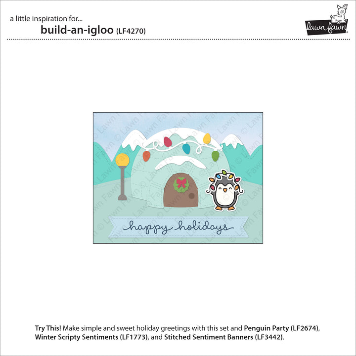 Lawn Fawn Build-An-Igloo inspiration showing a Happy Holidays card with an igloo and penguin