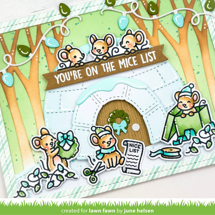 Lawn Fawn Build-An-Igloo card with mice decorating the igloo in Christmas lights, by June Helsen