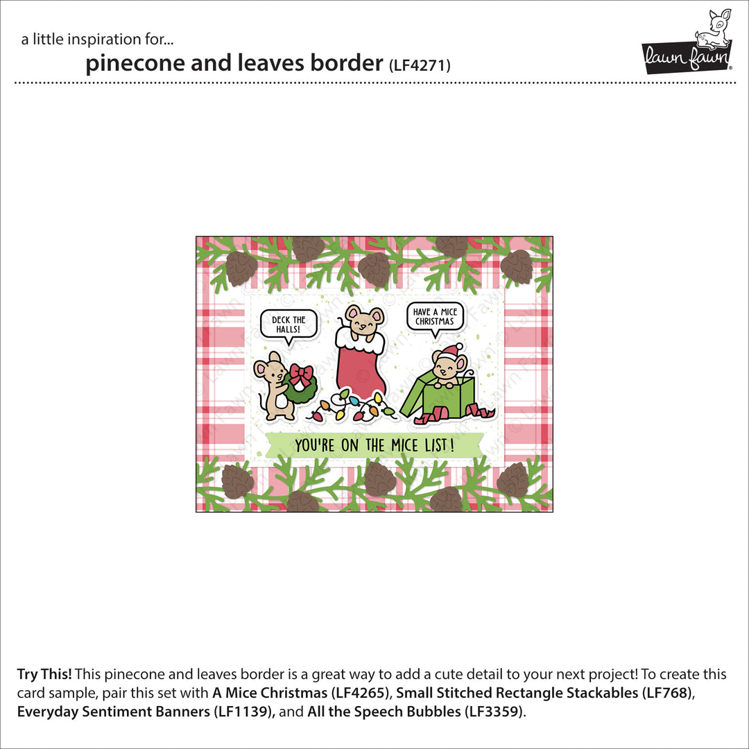 Lawn Fawn Pinecone and Leaves Border inspiration showing a plaid Christmas card with mice