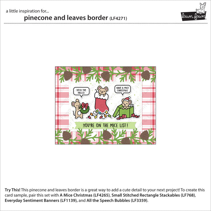 Lawn Fawn Pinecone and Leaves Border inspiration showing a plaid Christmas card with mice