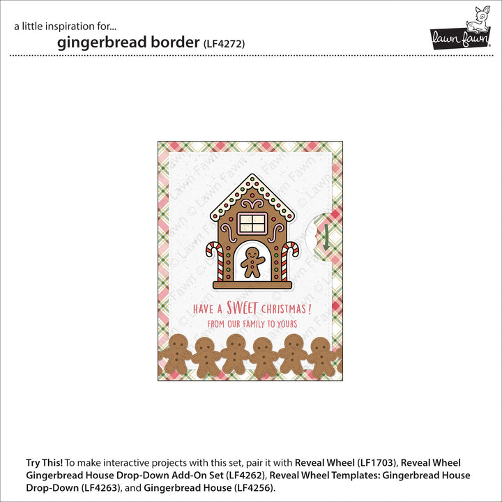 Lawn Fawn Gingerbread Border inspiration showing a gingerbread house card with a cookie border