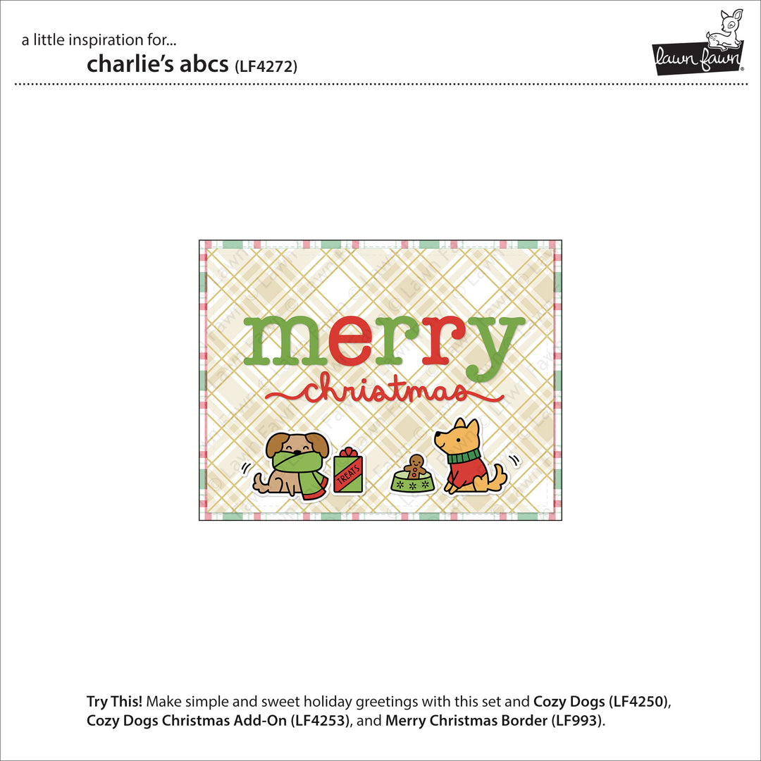 Lawn Fawn Charlie's ABCs inspiration showing a Merry Christmas card with die cut letters