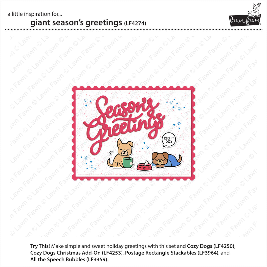 Lawn Fawn Giant Season's Greetings inspiration showing a red script sentiment card with cosy dogs