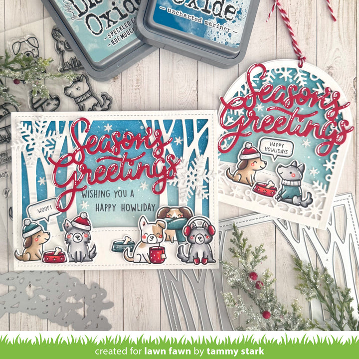 Lawn Fawn Giant Season's Greetings cards with winter forest scenes and dogs, by Tammy Stark