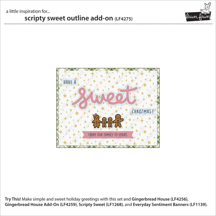 Lawn Fawn Scripty Sweet Outline Add-On inspiration showing a Sweet Christmas card with gingerbread