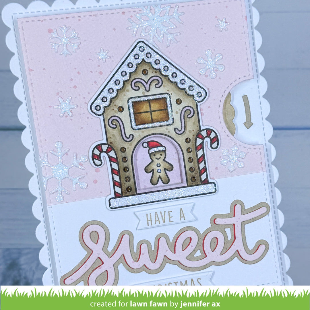 Lawn Fawn Scripty Sweet Outline Add-On gingerbread house card with a layered Sweet sentiment, by Jennifer Ax