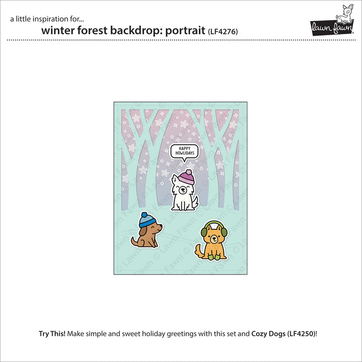 Lawn Fawn Winter Forest Backdrop: Portrait inspiration showing a snowy forest card with dogs