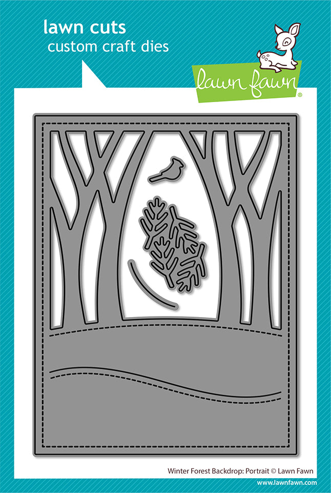 Lawn Fawn Winter Forest Backdrop: Portrait Lawn Cuts die in packaging