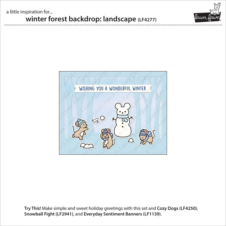Lawn Fawn Winter Forest Backdrop: Landscape inspiration showing a snowy forest card with critters and a snowman