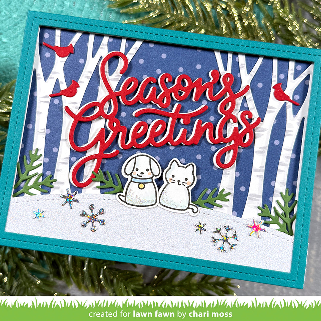 Lawn Fawn Winter Forest Backdrop: Landscape Season's Greetings card with a birch forest and cardinals, by Chari Moss