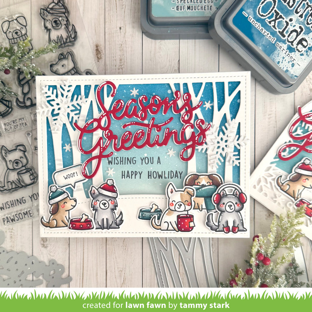 Lawn Fawn Winter Forest Backdrop: Landscape Season's Greetings card with a layered forest and dogs, by Tammy Stark
