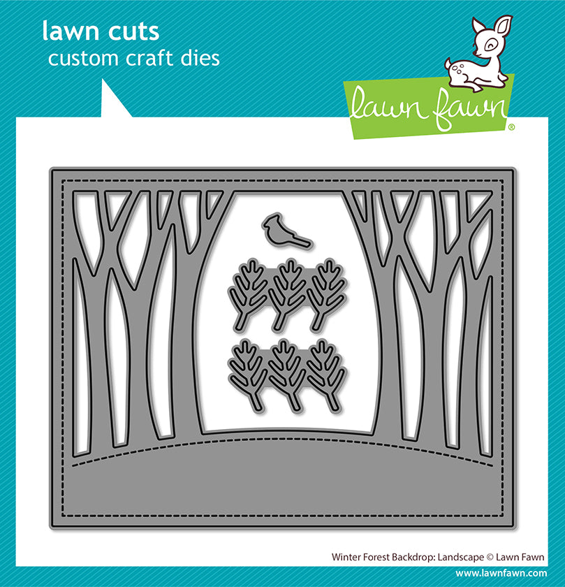 Lawn Fawn Winter Forest Backdrop: Landscape Lawn Cuts die in packaging