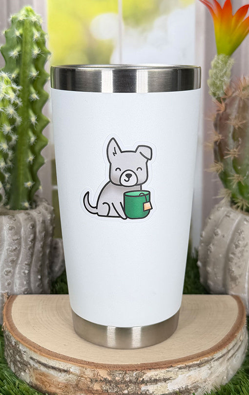 Lawn Fawn Pup of Tea Vinyl Sticker on a white drink tumbler