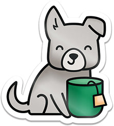 Lawn Fawn Pup of Tea Vinyl Sticker with a grey puppy holding a green mug of tea