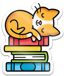 Lawn Fawn Book Stack Vinyl Sticker with an orange cat asleep on a rainbow stack of books