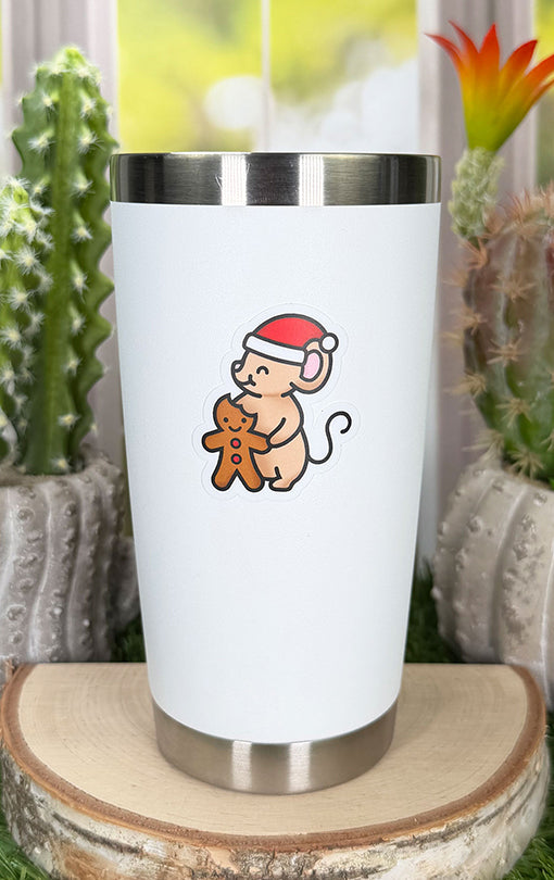Lawn Fawn Gingerbread Mouse Vinyl Sticker on a white drink tumbler
