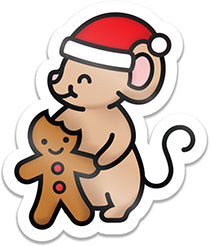 Lawn Fawn Gingerbread Mouse Vinyl Sticker with a mouse in a Santa hat hugging a gingerbread man