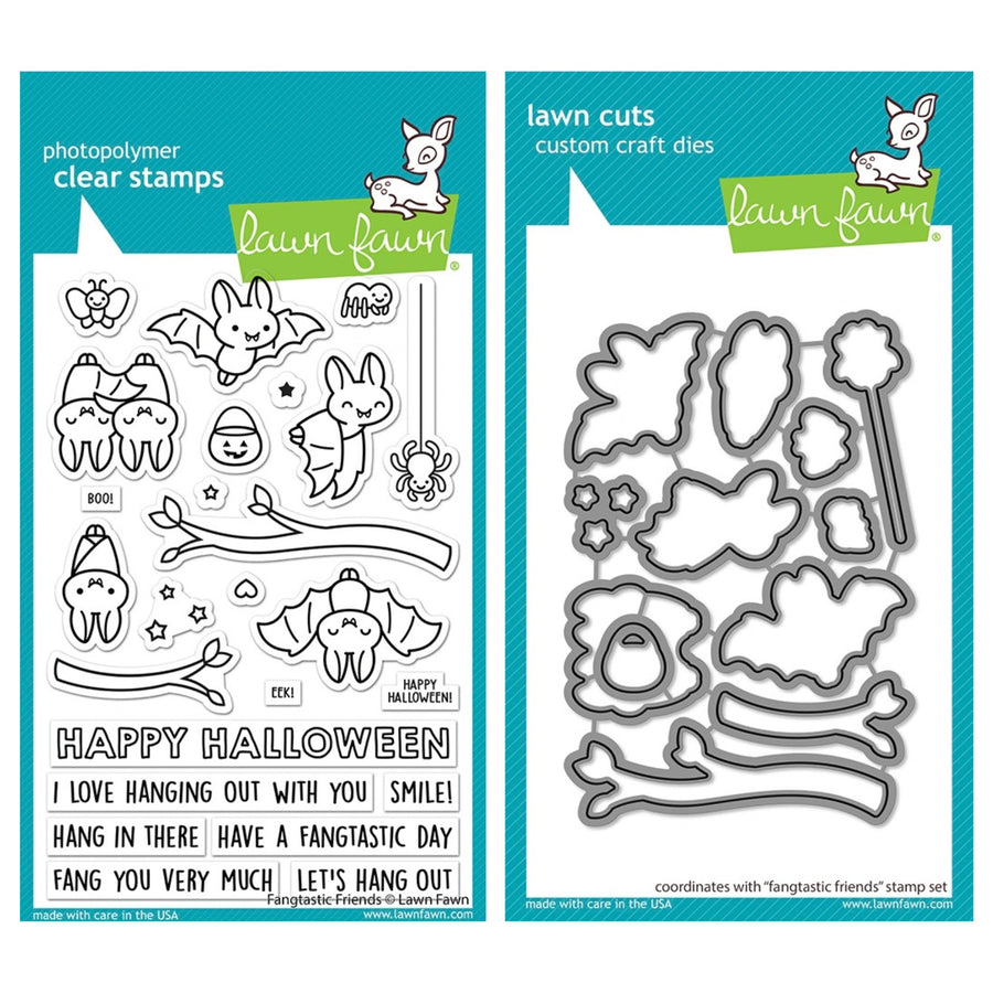 Lawn Lawn photopolymer clear stamps and custom craft dies set, featuring cute cartoon bat, spider, illustrations with Halloween-themed phrases on a teal and white packaging card.