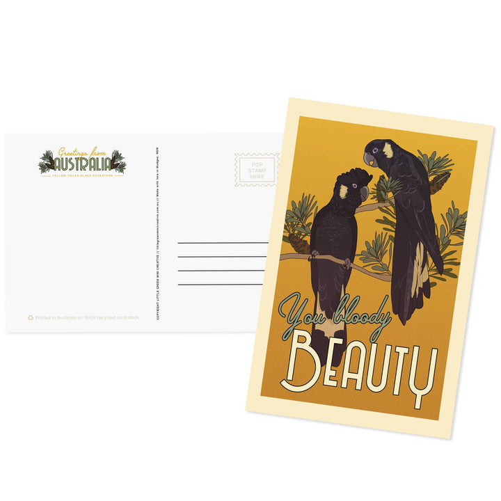 Postcard with parrot illustration and text 'Your Bloody Beauty' on a white background