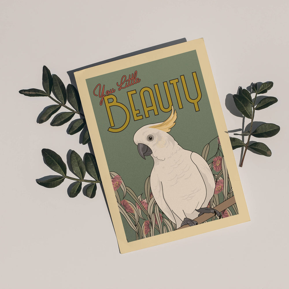 Card with a parrot illustration and 'You little Beauty' text on a beige background