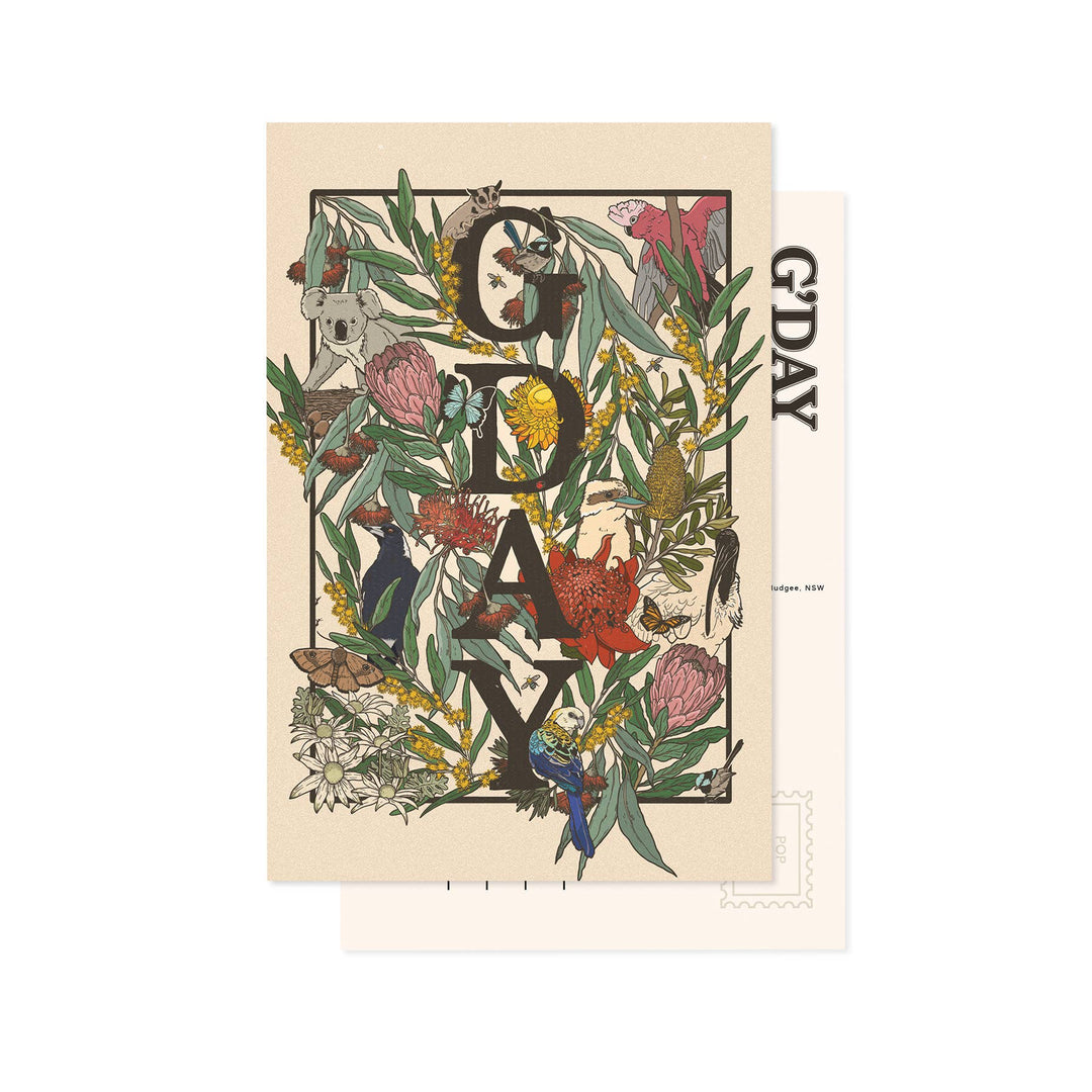 Post card with Australian floral design and text on a beige background