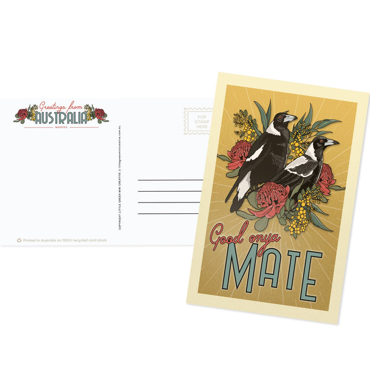 Postcard with magpies and floral design on a white background