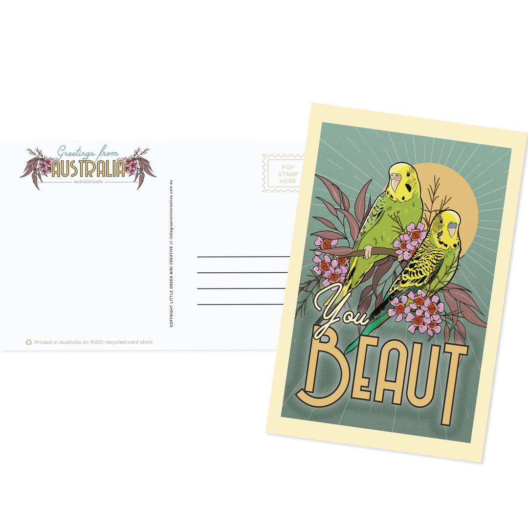 Postcard with parrot illustration and 'You Beaut' text on a white background