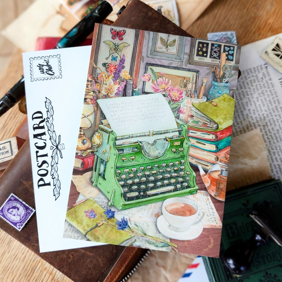 MogCherie - Postcard - (MATTE) Cosy Study  - (Typewriter)
